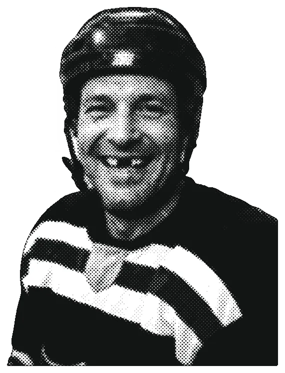 Halftone cutout of a grinning hockey player missing a front tooth